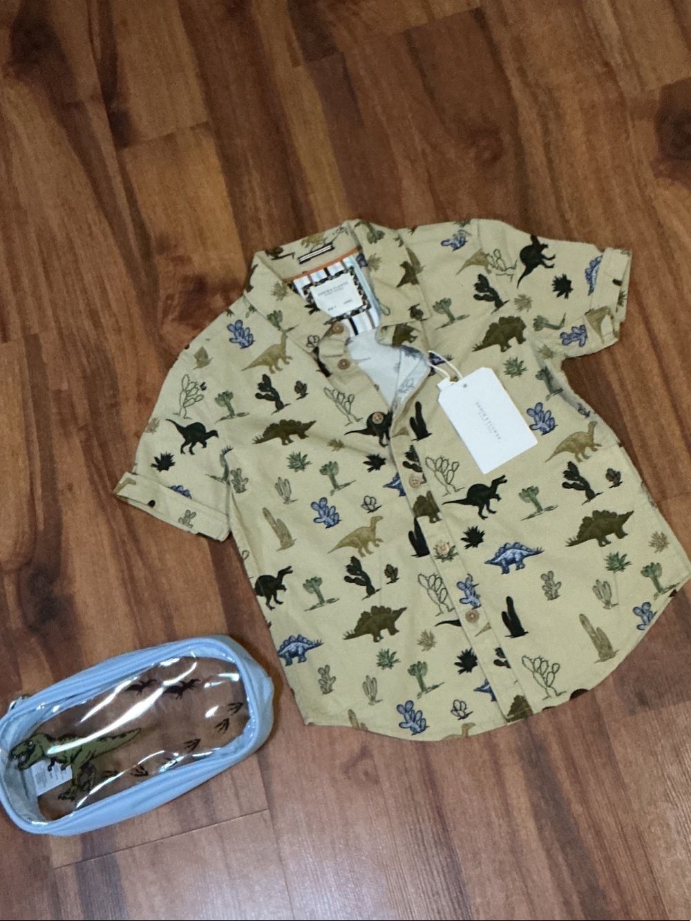 Dinosaur Print Short Sleeve Shirt - Tan case dinosaur nwt boys sz 4